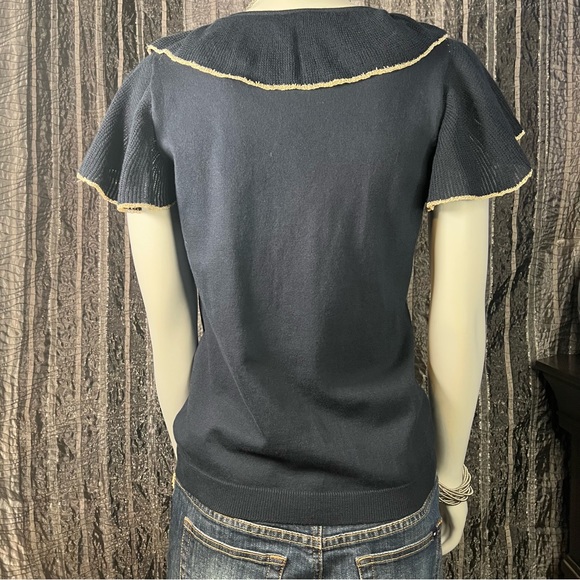 Chaps navy button up ruffle front top - Picture 6 of 8